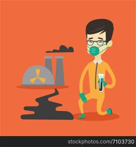 Young asian scientist in gas mask and radiation protective suit holding a test-tube with black liquid on the background of nuclear power plant. Vector flat design illustration. Square layout.. Laboratory assistant with test tube.