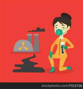 Young asian scientist in gas mask and radiation protective suit holding a test-tube with black liquid on the background of nuclear power plant. Vector flat design illustration. Square layout.. Laboratory assistant with test tube.