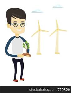 Young asian smiling worker of wind farm. Man holding green small plant in soil on the background of wind turbines. Concept of green energy. Vector flat design illustration isolated on white background. Man holding small plant vector illustration.