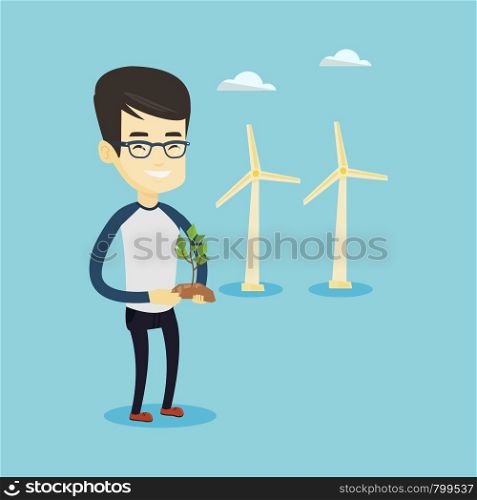 Young asian smiling worker of wind farm. Man holding in hands green small plant in soil on the background of wind turbines. Concept of green energy. Vector flat design illustration. Square layout.. Man holding small plant vector illustration.