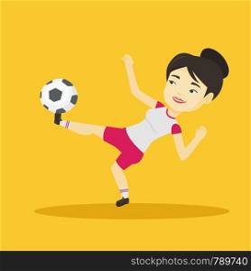 Young asian soccer player kicking ball during game. Happy female soccer player juggling with a ball. Football player playing with soccer ball. Vector flat design illustration. Square layout.. Soccer player kicking ball vector illustration.