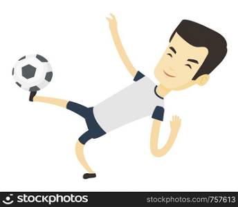 Young asian soccer player kicking ball during game. Happy soccer player juggling with a ball. Football player playing with soccer ball. Vector flat design illustration isolated on white background.. Soccer player kicking ball vector illustration.