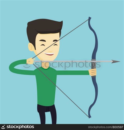 Young asian sportsman practicing in archery. Cheerful Cheerful sportsman training with the bow. Archery player aiming with a bow in hands. Vector flat design illustration. Square layout.. Archer training with the bow vector illustration.