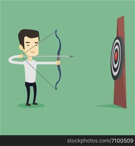 Young asian sportsman shooting with bows during archery competition. Bowman aiming with bow and arrow at the target. Archer practicing with bow. Vector flat design illustration. Square layout.. Archer aiming with bow and arrow at the target.
