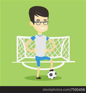 Young asian sportsman standing with football ball on the football stadium. Happy professional football player standing with a soccer ball on the field. Vector flat design illustration. Square layout.. Football player with ball vector illustration.