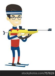 Young asian sportsman taking part in ski biathlon competition. Happy biathlon runner aiming at the target. Biathlon shooter with a weapon. Vector flat design illustration isolated on white background.. Cheerful biathlon runner aiming at the target.