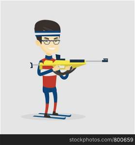 Young asian sportsman taking part in ski biathlon competition. Cheerful biathlon runner aiming at the target. Male biathlon shooter with a weapon. Vector flat design illustration. Square layout.. Cheerful biathlon runner aiming at the target.