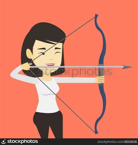 Young asian sportswoman practicing in archery. Cheerful sportswoman training with the bow. Archery player aiming with a bow in hands. Vector flat design illustration. Square layout.. Archer training with the bow vector illustration.