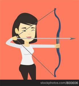 Young asian sportswoman practicing in archery. Cheerful sportswoman training with the bow. Archery player aiming with a bow in hands. Vector flat design illustration. Square layout.. Archer training with the bow vector illustration.