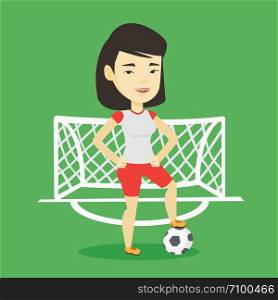 Young asian sportswoman standing with football ball on the football stadium. Happy professional football player standing with a soccer ball on the field. Vector flat design illustration. Square layout. Football player with ball vector illustration.