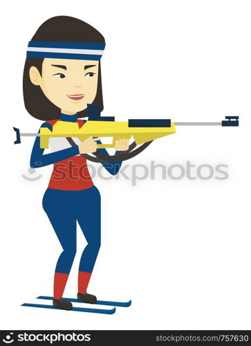 Young asian sportswoman taking part in ski biathlon competition. Happy biathlon runner aiming at target. Biathlon shooter with a weapon. Vector flat design illustration isolated on white background.. Cheerful biathlon runner aiming at the target.