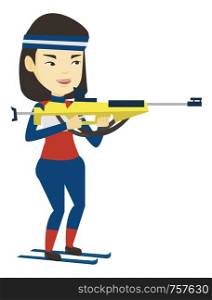 Young asian sportswoman taking part in ski biathlon competition. Happy biathlon runner aiming at target. Biathlon shooter with a weapon. Vector flat design illustration isolated on white background.. Cheerful biathlon runner aiming at the target.