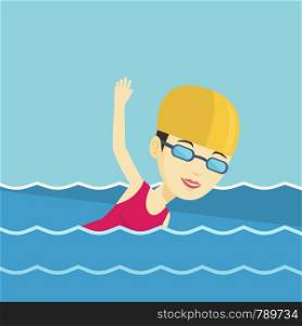 Young asian sportswoman wearing cap and glasses swimming in pool. Professional female swimmer in swimming pool. Sportswoman swimming forward crawl style. Vector flat design illustration. Square layout. Woman swimming vector illustration.