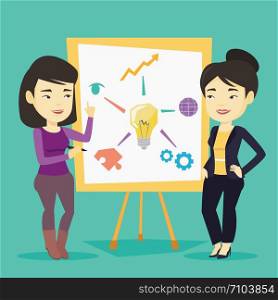 Young asian student explaining a project to professor. Group of students working on a project. Smart student drawing a project on a whiteboard. Vector flat design illustration. Square layout.. Two students discussing project near board.