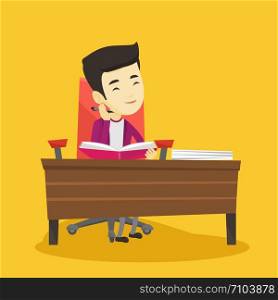 Young asian student sitting at the table and thinking. Thinking student writing in exercise book. Thinking smiling student doing homework. Vector flat design illustration. Square layout.. Student writing at the desk vector illustration.