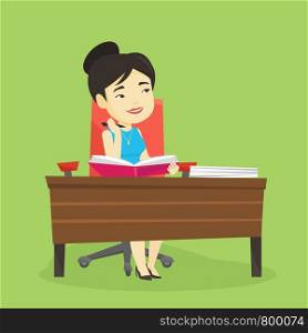 Young asian student sitting at the table and thinking. Thinking student writing in exercise book. Thinking smiling student doing homework. Vector flat design illustration. Square layout.. Student writing at the desk vector illustration.