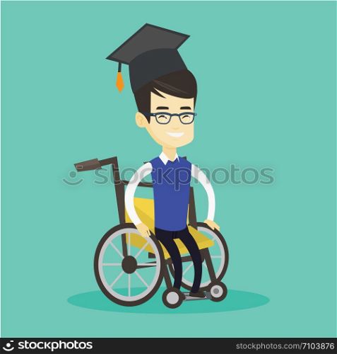 Young asian student sitting in wheelchair. Cheerful graduate sitting in wheelchair. Happy disabled graduate in graduation cap sitting in wheelchair. Vector flat design illustration. Square layout.. Graduate sitting in wheelchair vector illustration