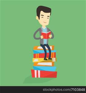 Young asian student sitting on huge pile of books. Happy student in suit reading a book. Smiling man sitting on stack of books with book in hands. Vector flat design illustration. Square layout.. Student sitting on huge pile of books.