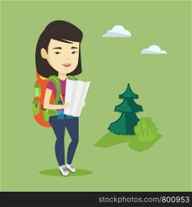 Young asian traveler with binoculars exploring the map. Female traveler with backpack looking at map. Traveler searching right direction on a map. Vector flat design illustration. Square layout.. Traveler with backpack looking at map.