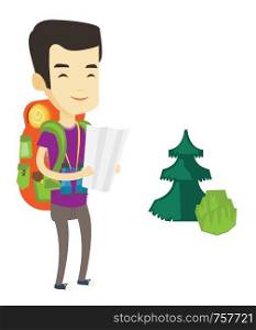 Young asian traveler with binoculars exploring the map. Traveler man with backpack looking at map. Traveler man searching direction on map. Vector flat design illustration isolated on white background. Traveler with backpack looking at map.
