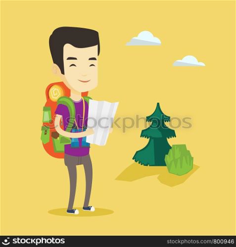 Young asian traveler with binoculars exploring the map. Traveler man with backpack looking at map. Traveler man searching right direction on a map. Vector flat design illustration. Square layout.. Traveler with backpack looking at map.