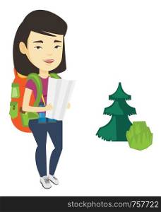 Young asian traveler with binoculars exploring the map. Traveler with backpack looking at map. Traveler searching right direction on a map. Vector flat design illustration isolated on white background. Traveler with backpack looking at map.