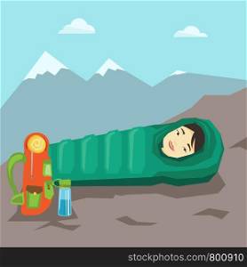 Young asian traveler woman wrapped up in a mummy sleeping bag. Happy smiling traveler woman relaxing in a sleeping bag while camping in the mountains. Vector flat design illustration. Square layout.. Woman sleeping in sleeping bag in the mountains.