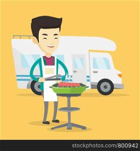 Young asian traveling man cooking steak on barbecue grill on the background of camper van. Happy man travelling by camper van and having barbecue party. Vector flat design illustration. Square layout.. Man having barbecue in front of camper van.