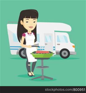 Young asian traveling woman cooking steak on barbecue grill on the background of camper van. Woman travelling by camper van and having barbecue party. Vector flat design illustration. Square layout.. Woman having barbecue in front of camper van.