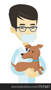 Young asian veterinarian doctor holding dog. Veterinarian doctor carrying a dog. Veterinarian doctor examining dog. Pet care concept. Vector flat design illustration isolated on white background.. Veterinarian with dog in hands vector illustration