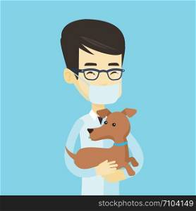 Young asian veterinarian doctor holding dog. Veterinarian doctor in medical mask carrying a dog. Veterinarian doctor examining dog. Pet care concept. Vector flat design illustration. Square layout.. Veterinarian with dog in hands vector illustration