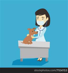 Young asian veterinarian examining dog in hospital. Veterinarian doctor checking heartbeat of a dog with stethoscope. Medicine and pet care concept. Vector flat design illustration. Square layout.. Veterinarian examining dog vector illustration.