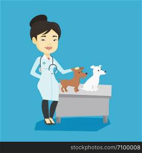 Young asian veterinarian with stethoscope examining dogs in hospital. Veterinarian doctor with dogs at vet clinic. Concept of medicine and pet care. Vector flat design illustration. Square layout.. Veterinarian examining dogs vector illustration.