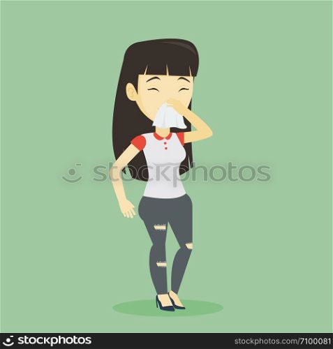 Young asian woman blowing nose to paper napkin. Sick woman sneezing with closed eyes. Unwell woman having an allergy and blowing her nose to a tissue. Vector flat design illustration. Square layout.. Young asian sick woman sneezing.