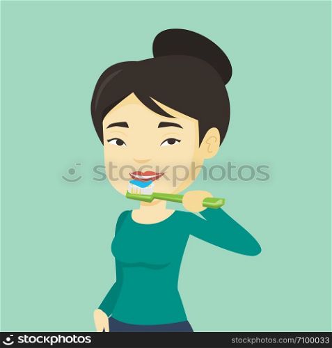 Young asian woman brushing her teeth. Smiling woman cleaning her teeth. Cheerful woman taking care of her teeth. Cheerful guy with toothbrush in hand. Vector flat design illustration. Square layout.. Woman brushing her teeth vector illustration.