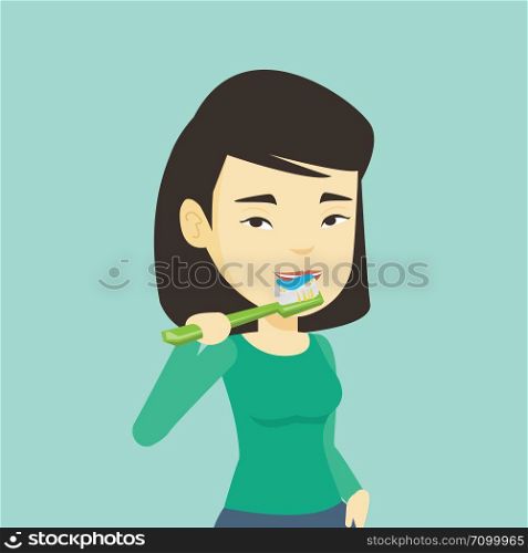 Young asian woman brushing her teeth. Smiling woman cleaning teeth. Cheerful woman taking care of her teeth. Happy girl with toothbrush in hand. Vector flat design illustration. Square layout.. Woman brushing her teeth vector illustration.