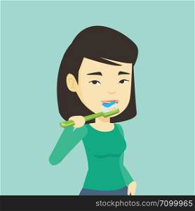 Young asian woman brushing her teeth. Smiling woman cleaning teeth. Cheerful woman taking care of her teeth. Happy girl with toothbrush in hand. Vector flat design illustration. Square layout.. Woman brushing her teeth vector illustration.