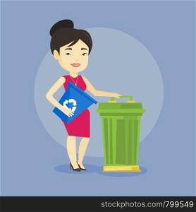 Young asian woman carrying recycling bin. Smiling woman holding recycling bin while standing near a trash can. Concept of waste recycling. Vector flat design illustration. Square layout.. Woman with recycle bin and trash can.