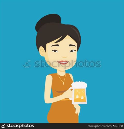 Young asian woman celebrating with beer. Smiling woman holding a big glass of beer. Full length of female beer fan. Woman drinking beer at pub. Vector flat design illustration. Square layout.. Woman drinking beer vector illustration.