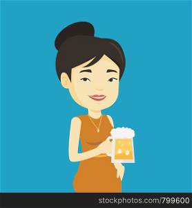 Young asian woman celebrating with beer. Smiling woman holding a big glass of beer. Full length of female beer fan. Woman drinking beer at pub. Vector flat design illustration. Square layout.. Woman drinking beer vector illustration.