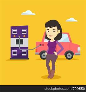 Young asian woman charging electric car at charging station. Woman standing near power supply for electric car. Charging of electric car. Vector flat design illustration. Square layout.. Charging of electric car vector illustration.