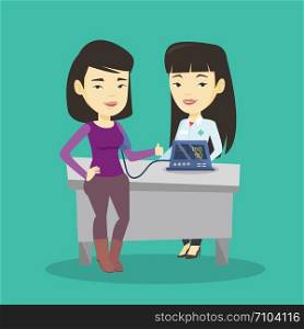 Young asian woman checking blood pressure with digital blood pressure meter. Happy woman giving thumb up while doctor measuring her blood pressure. Vector flat design illustration. Square layout.. Blood pressure measurement vector illustration.
