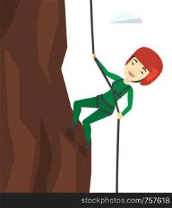 Young asian woman climbing on mountain with rope. Rock climber in protective helmet climbing on rock. Smiling sportswoman climbing a rock. Vector flat design illustration isolated on white background.. Woman climbing in mountains with rope.
