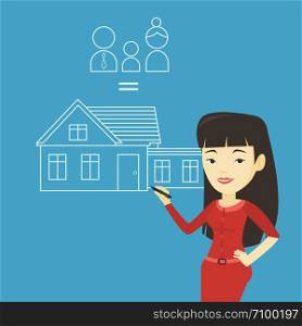 Young asian woman drawing a family house. Smiling woman drawing a house with a family. Happy woman dreaming about future life in a new family house. Vector flat design illustration. Square layout.. Young woman drawing her family house.