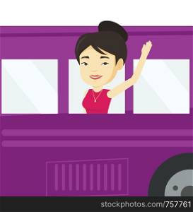 Young asian woman enjoying her trip by bus. Happy passenger waving hand from bus window. Tourist peeking out of bus window and waving hand. Vector flat design illustration isolated on white background. Woman waving hand from bus window.