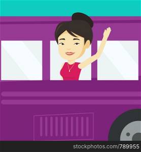 Young asian woman enjoying her trip by bus. Happy passenger waving hand from bus window. Smiling tourist peeking out of bus window and waving hand. Vector flat design illustration. Square layout.. Woman waving hand from bus window.