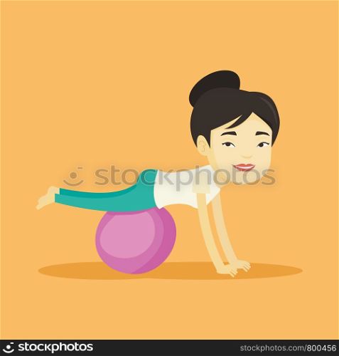 Young asian woman exercising with fitball. Smiling woman training triceps and biceps while doing push ups on fitball. Woman doing exercises on fitball. Vector flat design illustration. Square layout.. Young woman exercising with fitball.