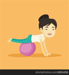 Young asian woman exercising with fitball. Smiling woman training triceps and biceps while doing push ups on fitball. Woman doing exercises on fitball. Vector flat design illustration. Square layout.. Young woman exercising with fitball.