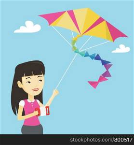 Young asian woman flying a colourful kite. Smiling woman controlling a kite. Happy woman walking with a kite. Cheerful girl playing with a kite. Vector flat design illustration. Square layout.. Young woman flying kite vector illustration.
