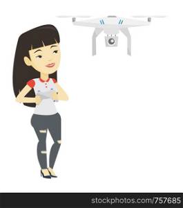 Young asian woman flying drone with remote control. Woman operating a drone with remote control. Woman controling a drone. Vector flat design illustration isolated on white background.. Woman flying drone vector illustration.